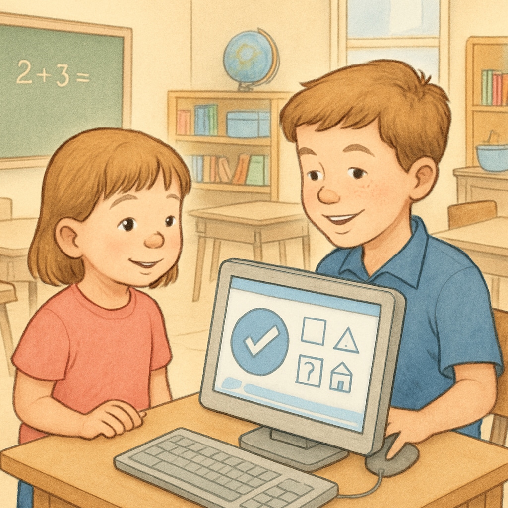A kindergarten student and a fourth-grade student working together on a computer-based activity in a classroom setting. Kindergarten and fourth-grade students collaborating on a computer activity.
