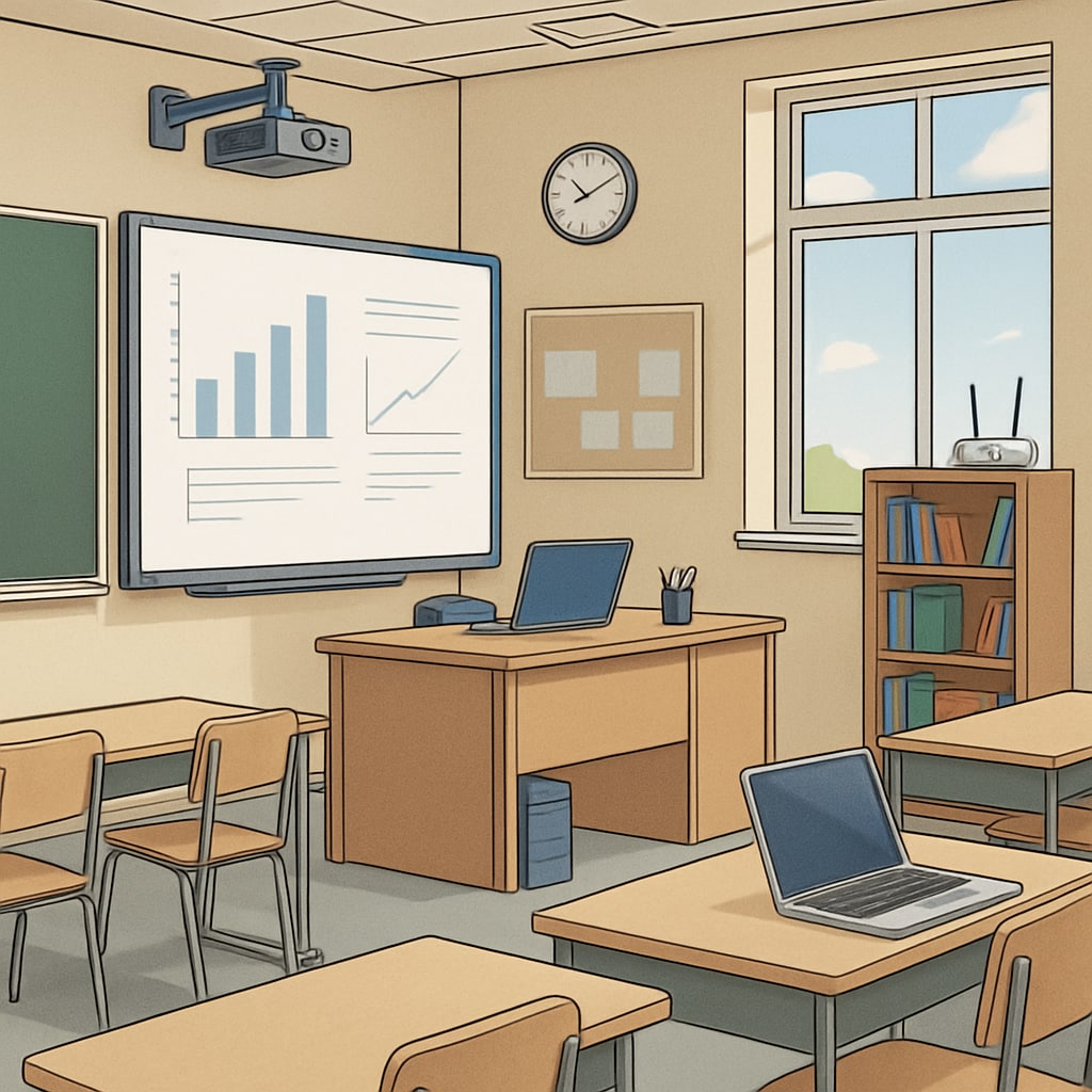 An image showing a modernized public school with updated technology, illustrating efforts to improve infrastructure. Modern public school showcasing improved infrastructure and technology.