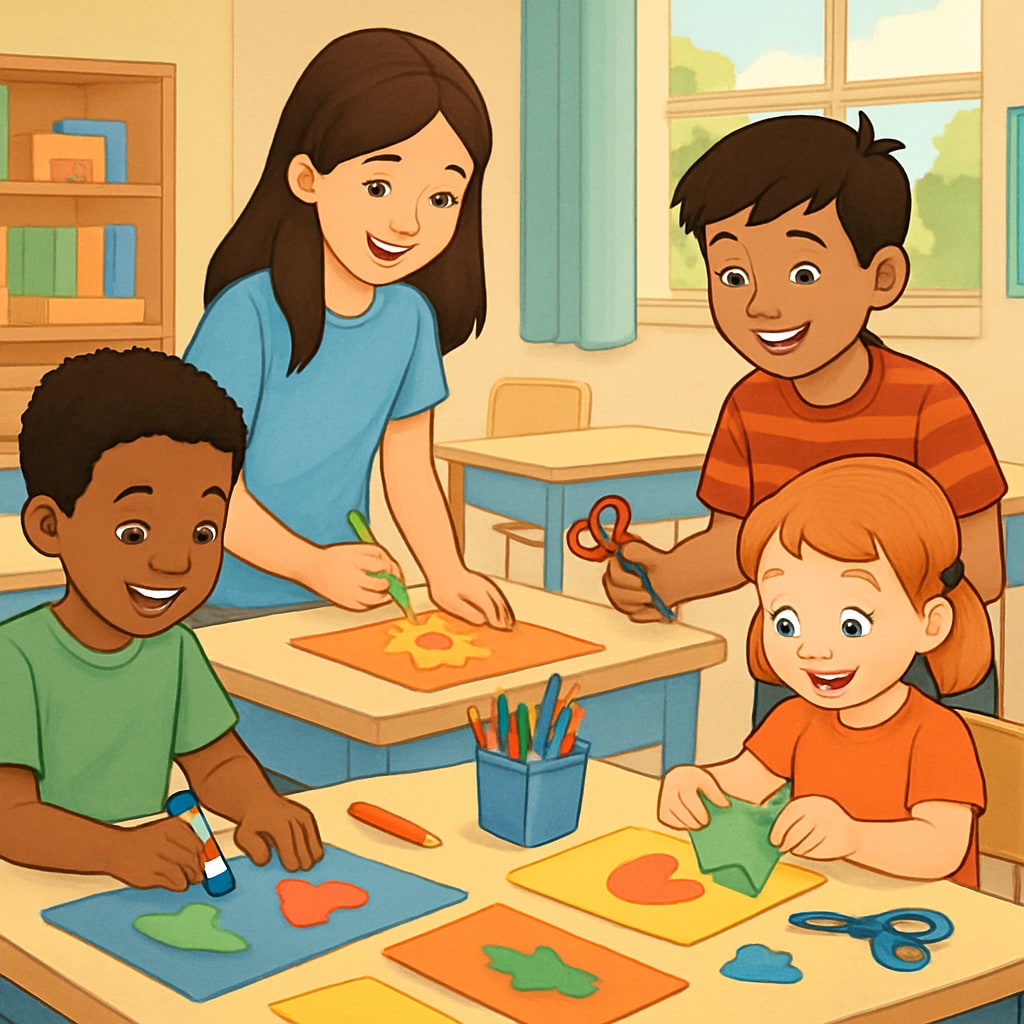 A group of kindergarten and fourth-grade students working together on an art project, using colorful materials. Kindergarten and fourth-grade students creating an art project together.