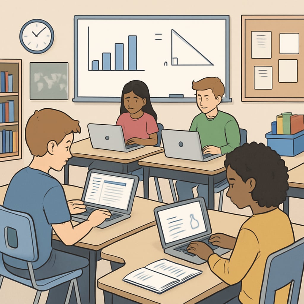 A modern classroom with students using Chromebooks to complete assignments. This image highlights the widespread integration of technology in education. Students in a classroom using Chromebooks for assignments, representing education technology.