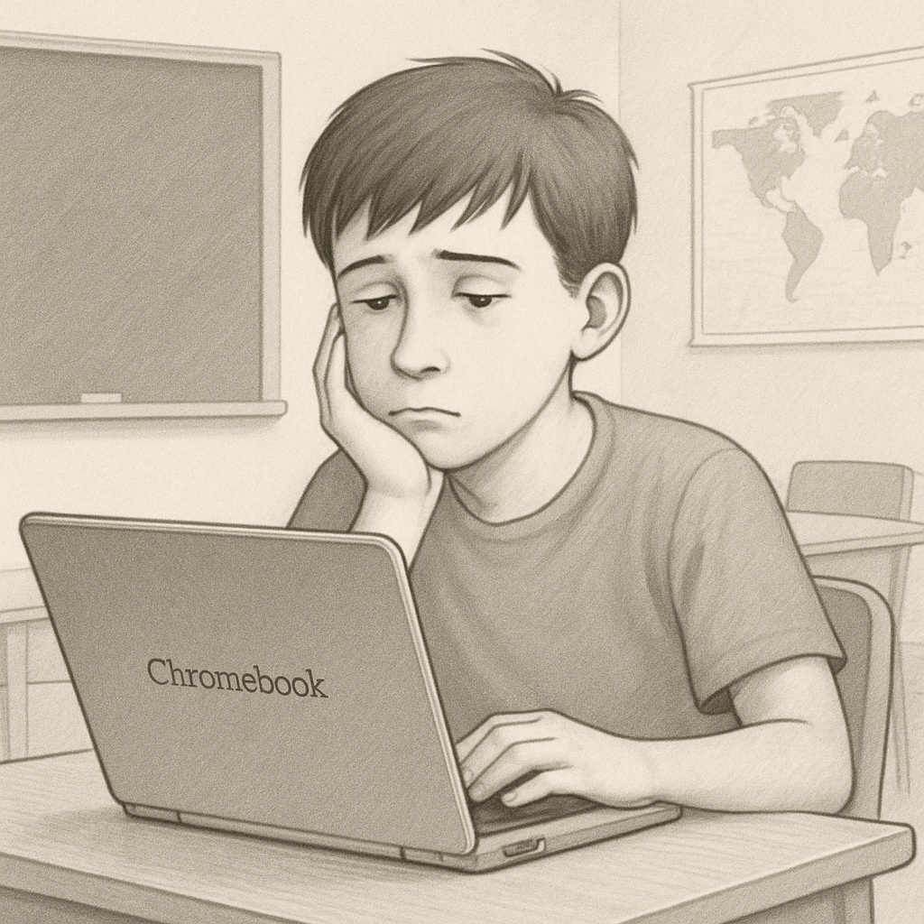 A student looking at a Chromebook screen, appearing disengaged. The image symbolizes concerns about the impact of technology on critical thinking. A disengaged student using a Chromebook, illustrating the risks of over-reliance on education technology.