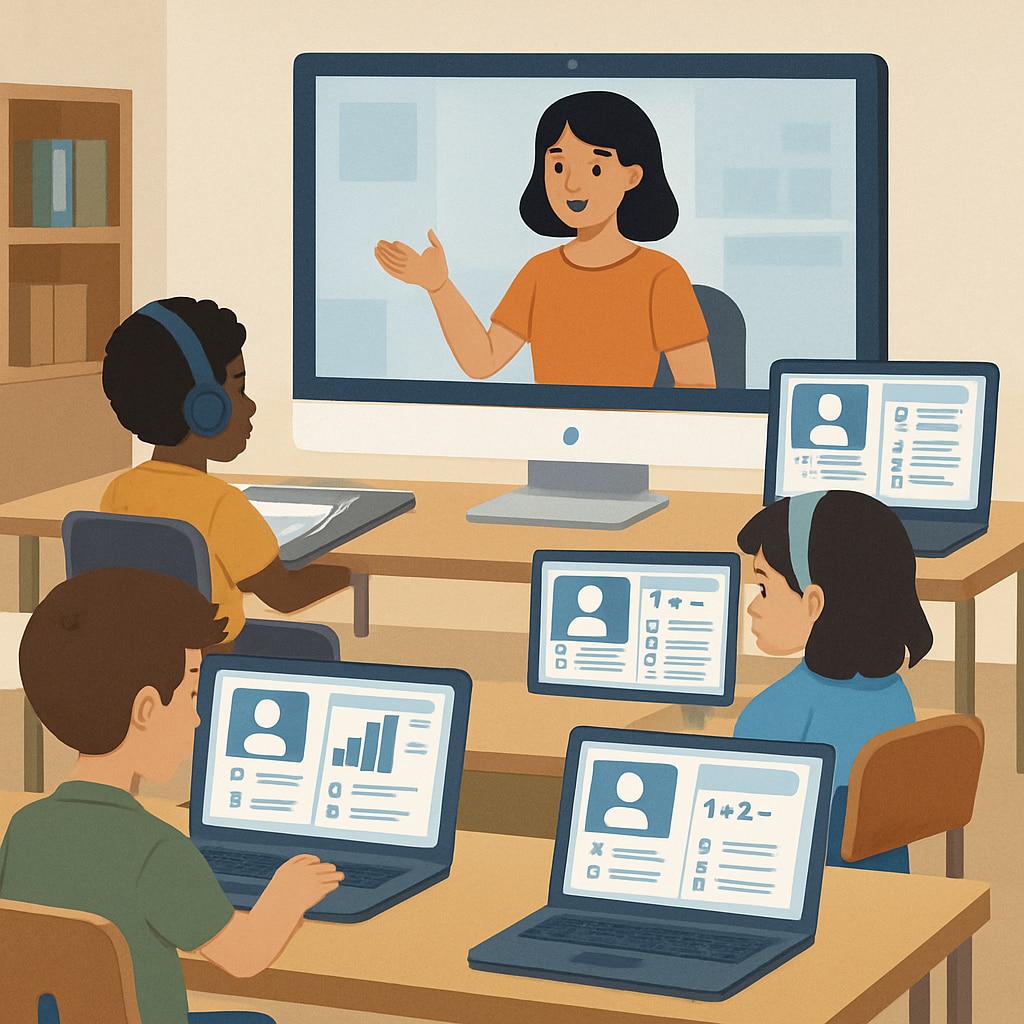 A modern online classroom setup showing children engaged in virtual learning with personalized dashboards. Online public school setup with personalized dashboards for students.