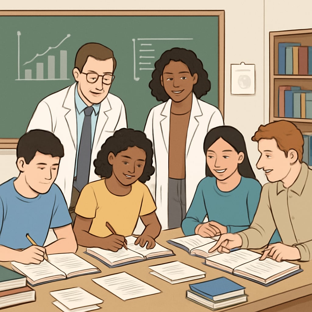 A group of students and researchers collaborating in a classroom setting, symbolizing the connection between research and education. Students and researchers working together, symbolizing research surveys on learning methods.