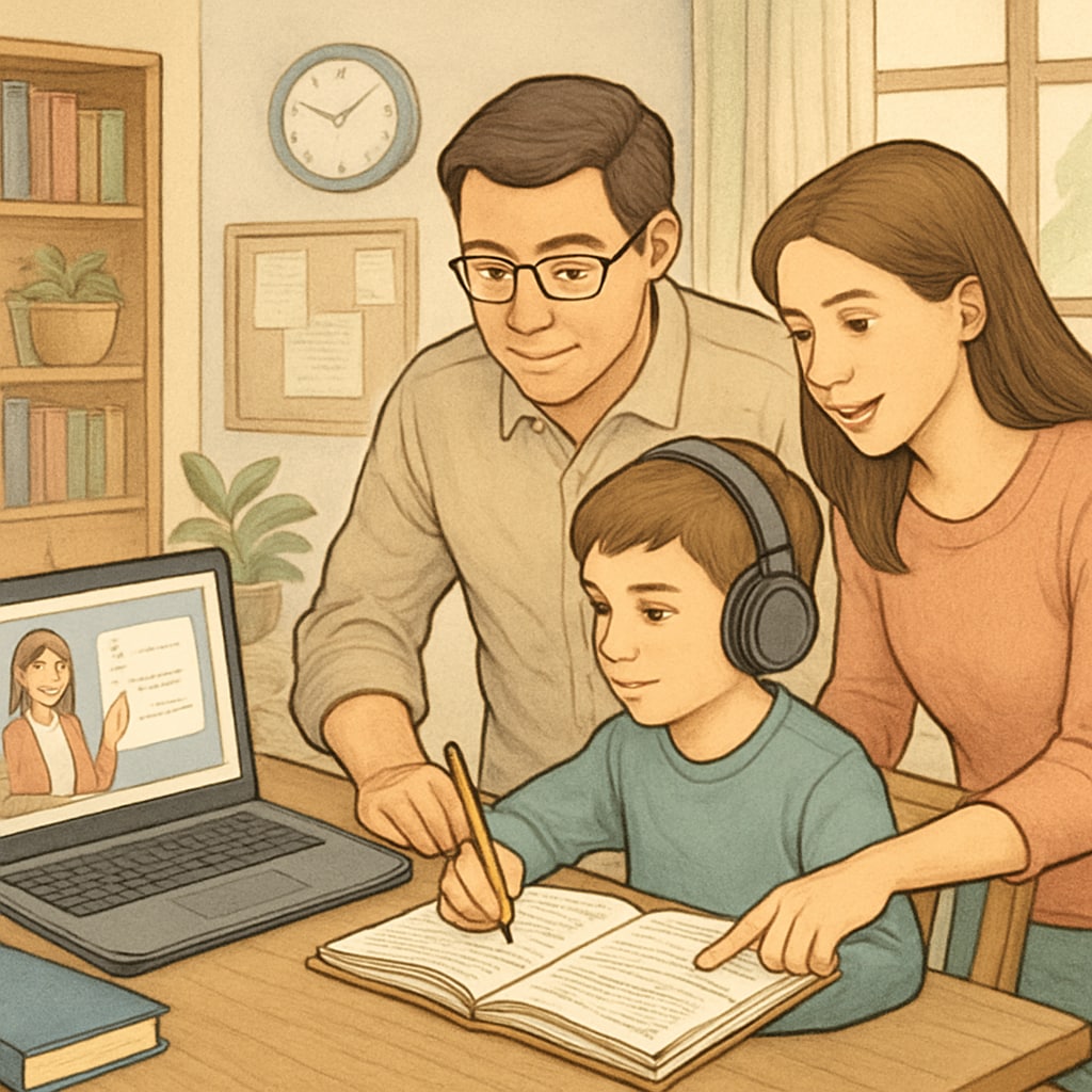 A family working together at home, with a child attending an online public school while parents assist with lessons. Online public school learning environment with family support.