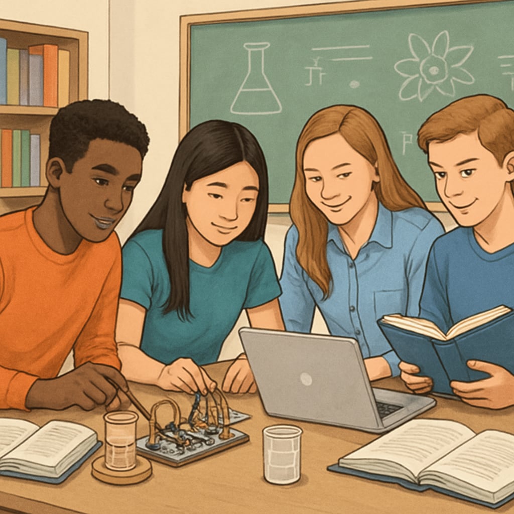 High school students engaging in a STEM activity, symbolizing the importance of K12 education for international academic success. High school students in a STEM activity illustrating K12 education's role in study abroad.