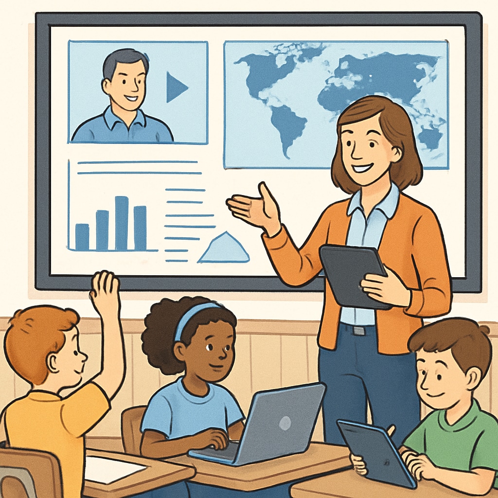 A teacher using technology to engage students in a classroom, highlighting the role of innovative methods in education. A teacher utilizing modern technology to showcase effective learning methods in a classroom.