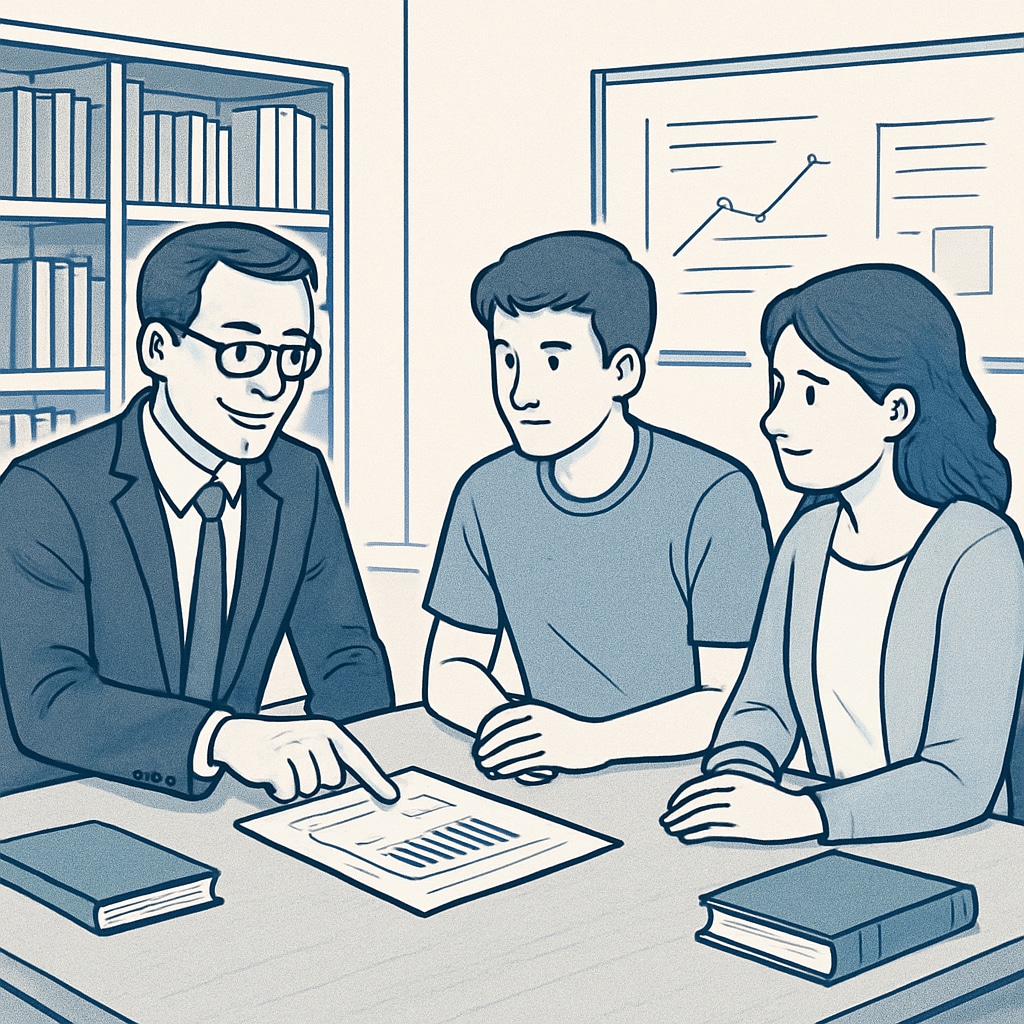 A professional consultant discussing study options with a student and their parent, highlighting the importance of personalized service. Education consultant advising a family on U.S. master's study abroad planning.