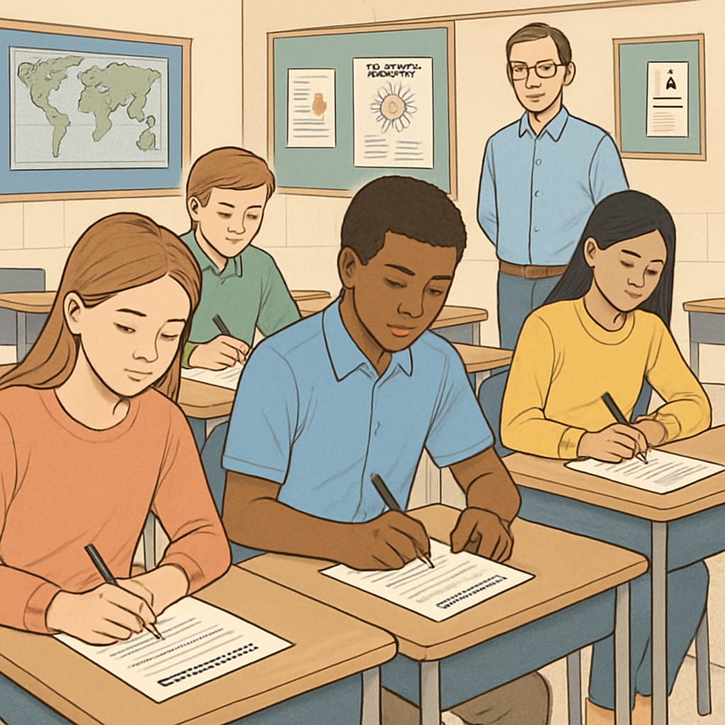 A group of students filling out a survey questionnaire about their learning methods in a classroom setting. Students answering a learning methods survey questionnaire in class