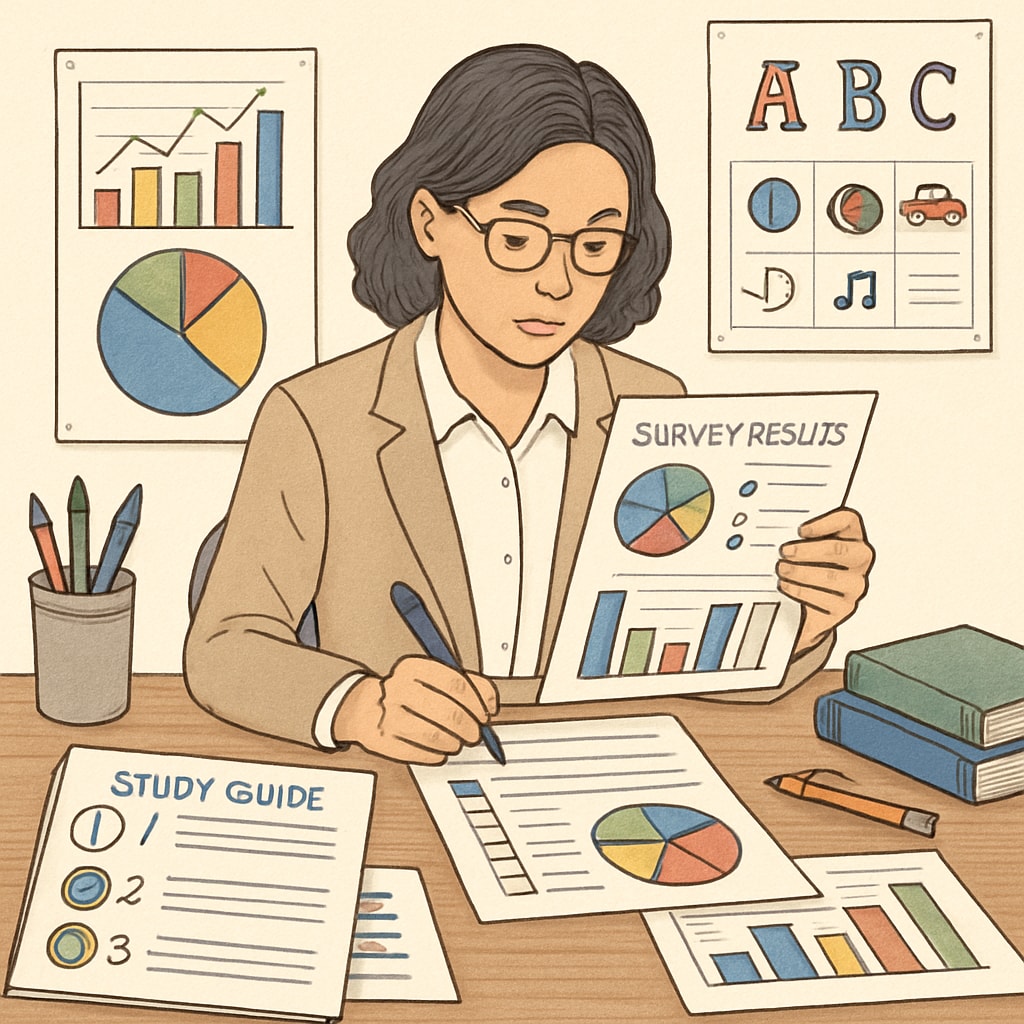 A teacher reviewing survey data to develop a new study guide tailored to student learning preferences. Teacher analyzing learning methods survey data for curriculum improvement