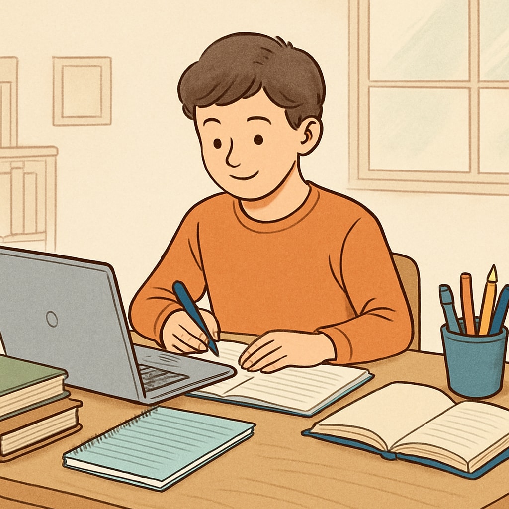A student studying at home using a laptop with educational materials spread around, representing flexibility in learning. A student using a laptop for online public education, emphasizing learning flexibility.