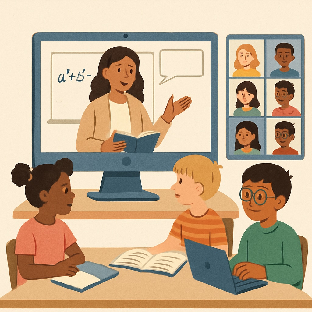 An online classroom session with a diverse group of students and a teacher, symbolizing inclusivity and access to resources. Online classroom session showcasing inclusivity in online public education.
