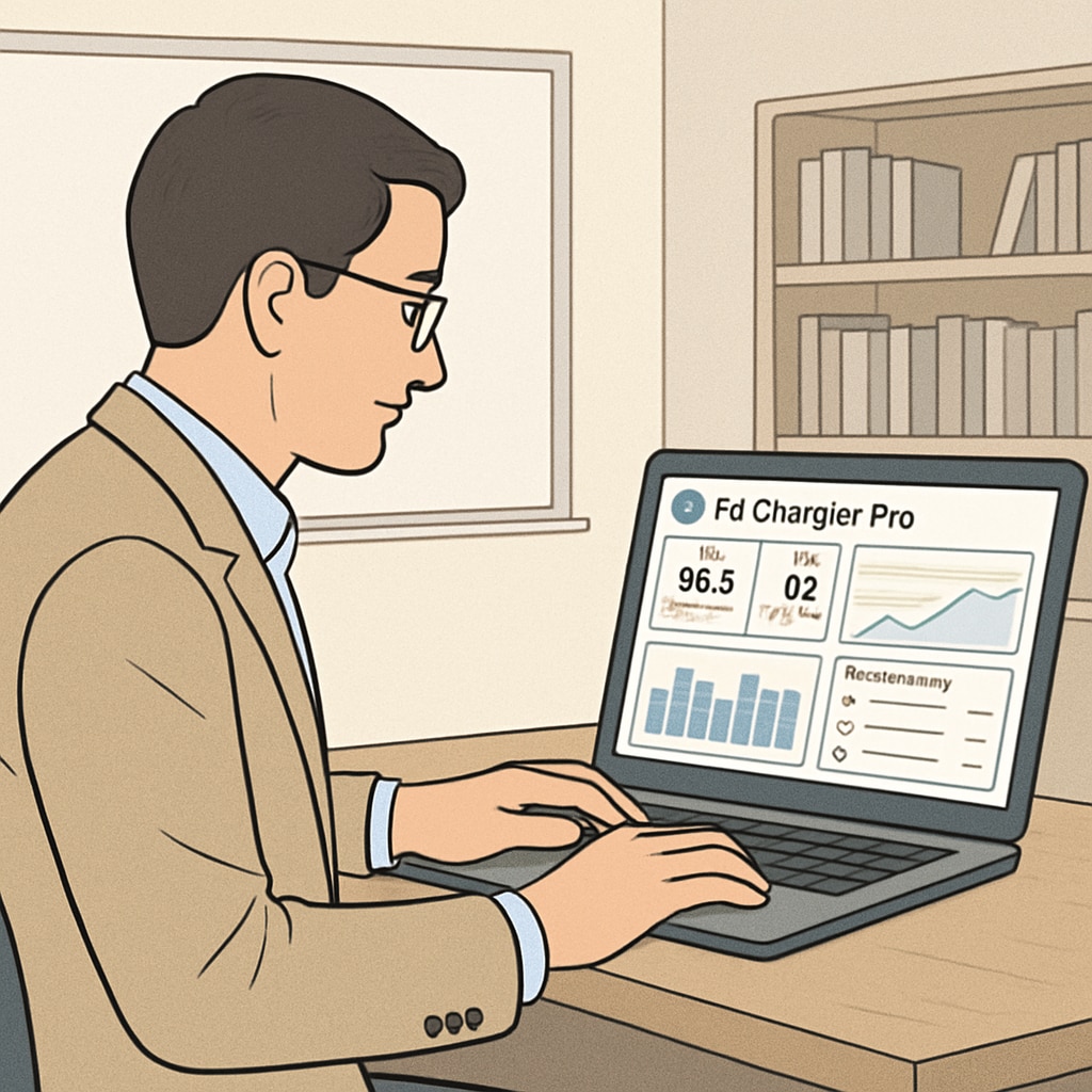 A teacher sitting at a desk using a laptop with EdChanger Pro open, showing analytics and grading tools. The screen displays graphs and automated grading features. Teacher using EdChanger Pro on a laptop to improve teaching efficiency.