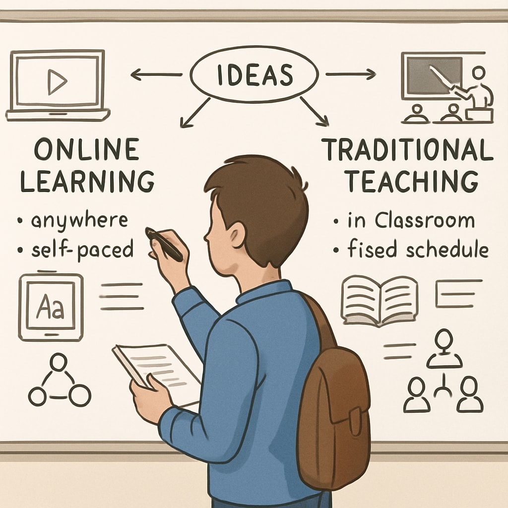 A student brainstorming ideas on a whiteboard, contrasting technology-driven learning with traditional methods. Student critically engaging in brainstorming to complement digital tools.