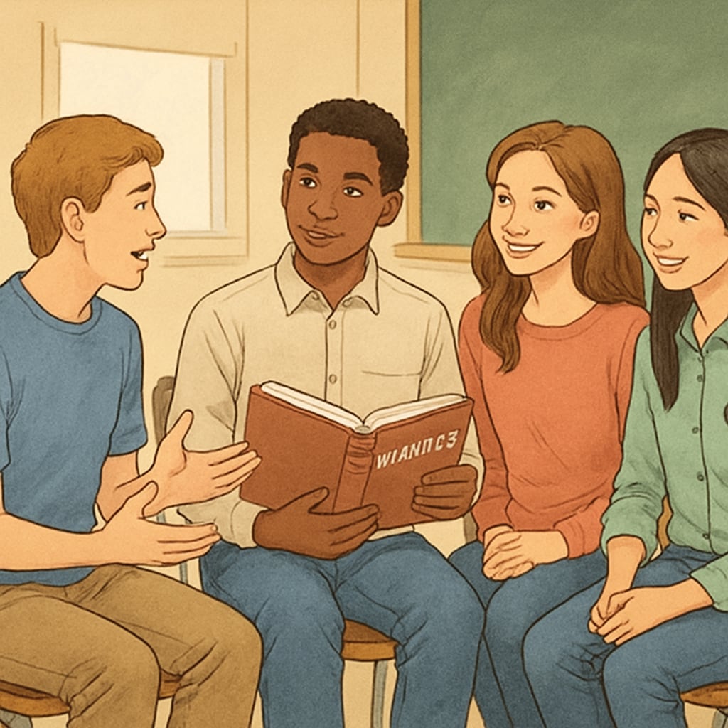 A group of high school students discussing their passions, with one student holding a mathematics textbook. High school students discussing college majors, including mathematical sciences.