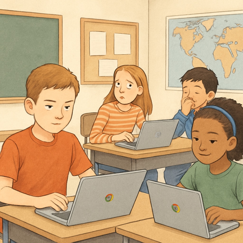A classroom setting with students using Chromebooks, showcasing engagement and potential distractions. Students using Chromebooks in a classroom setting, highlighting education technology and its impact.