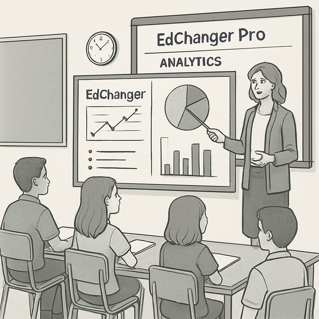 A classroom setting where a teacher is using a smartboard, with EdChanger Pro analytics projected on the screen. Students are attentively engaged. Teacher using EdChanger Pro analytics in a classroom setting for interactive teaching.