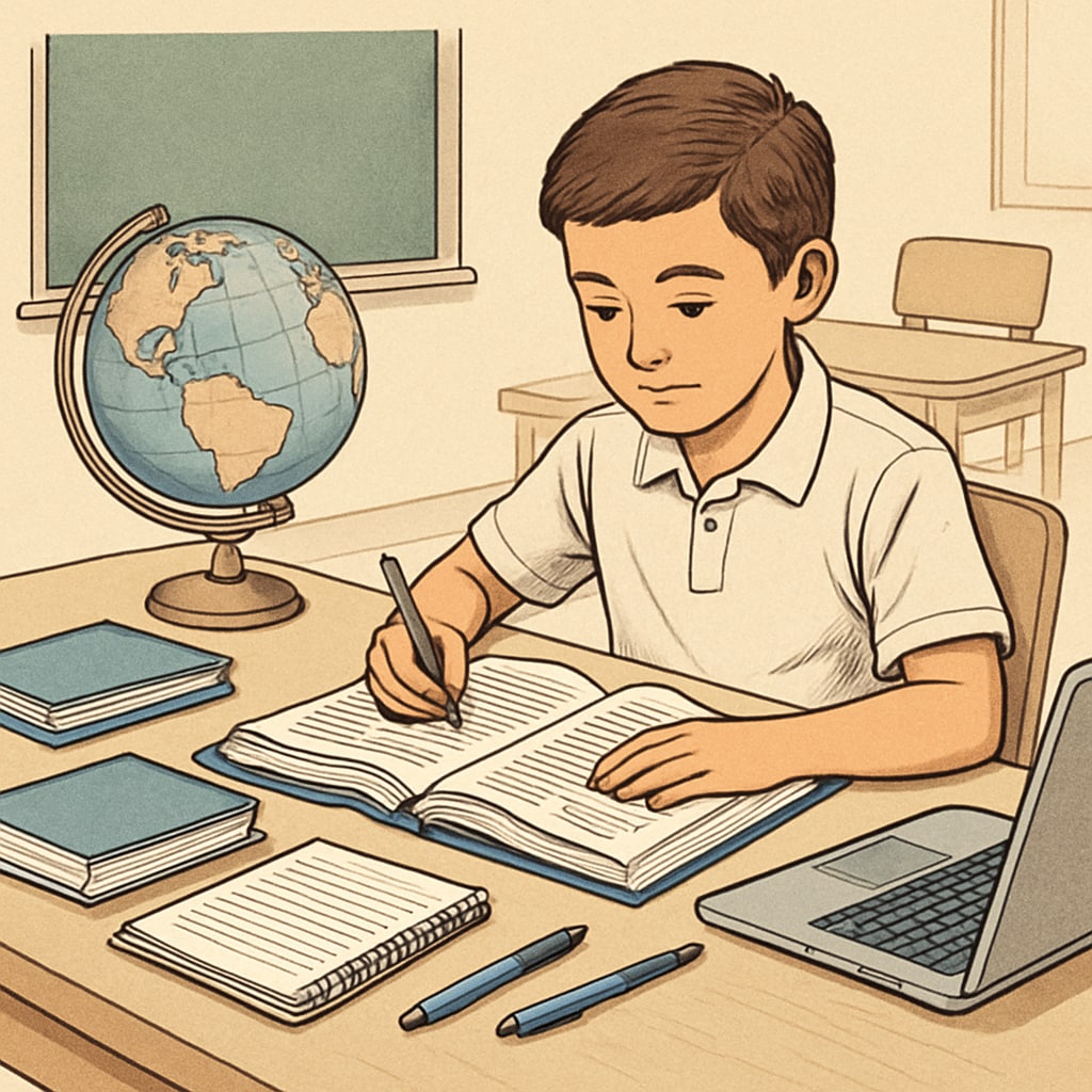 A K12 student studying with textbooks and a laptop, emphasizing academic preparation for international education. K12 student preparing academically for international education.