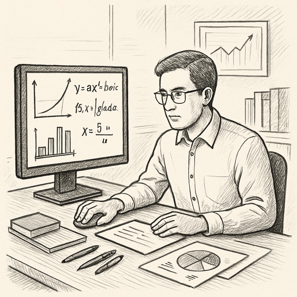 A professional working on data analysis, with mathematical equations visible on a computer screen. Professional analyzing data, showcasing career options in mathematical sciences.