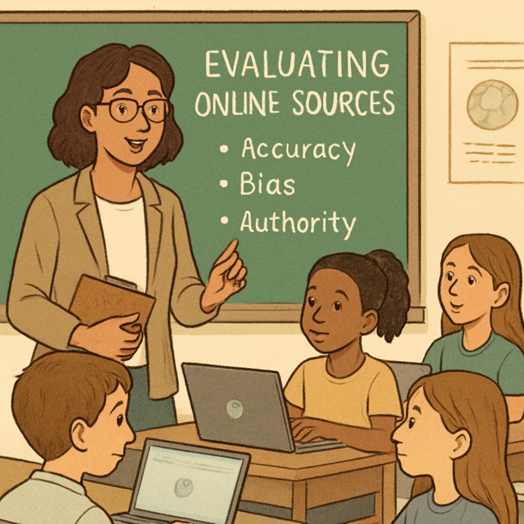 A teacher guiding students on critically evaluating online sources while working on Chromebooks. A teacher helping students critically assess online information on Chromebooks, emphasizing cognitive skills.