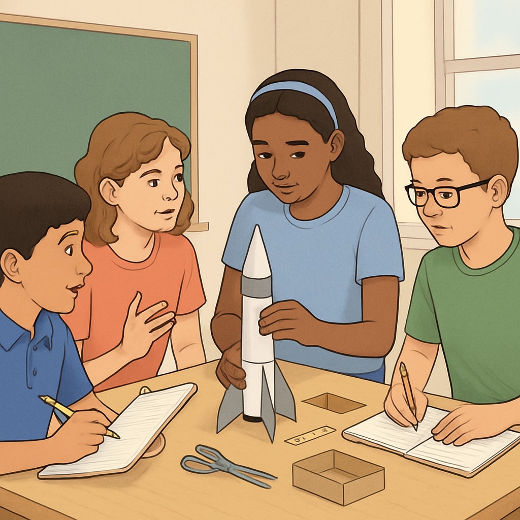 A group of students collaborating on a science project to demonstrate teamwork and problem-solving skills. Students working together on a science project to build teamwork and problem-solving skills.
