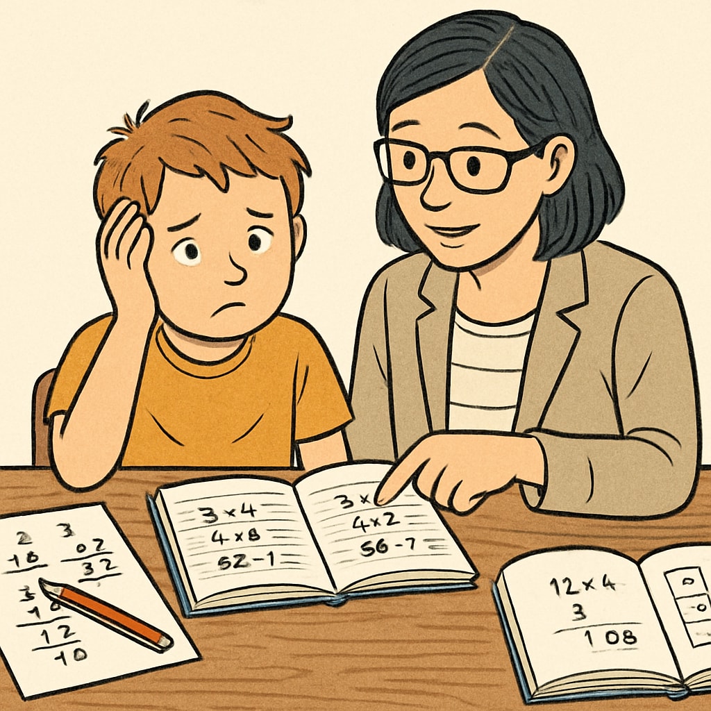 A young child sitting at a table with a puzzled expression, surrounded by math homework and a helpful adult. Child doing math homework with the help of an adult, illustrating math education and communication.