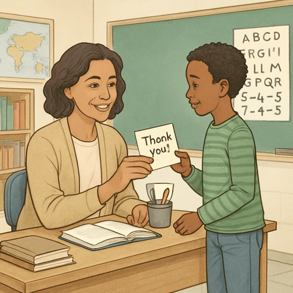 A teacher receiving a handwritten thank-you note from a student, symbolizing appreciation for their guidance and influence. A teacher receiving a handwritten thank-you note from a student.