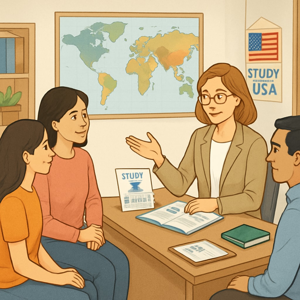 A busy consultant’s office with students and parents discussing study-abroad options in the USA. Study-abroad agency consultation for US master’s programs.
