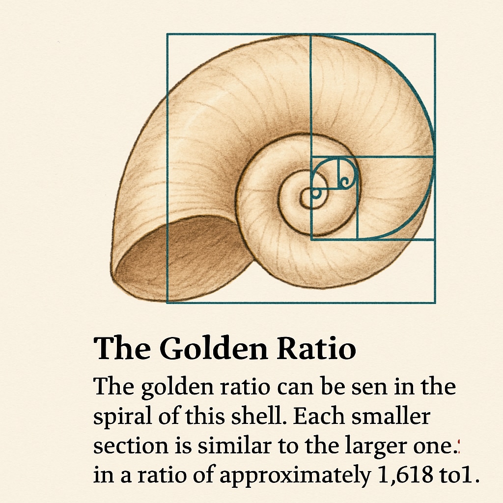 A spiral shell illustrating the golden ratio, with a caption explaining its mathematical significance. Spiral shell showing the golden ratio, representing the beauty of math in nature.