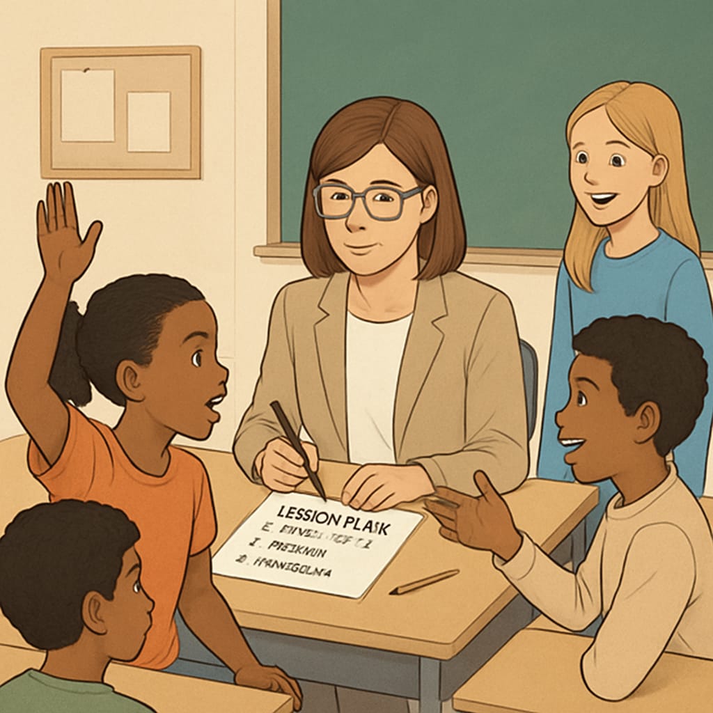 A diverse classroom where students are actively engaged in a discussion, while a teacher listens attentively and incorporates their feedback into the lesson plan. A teacher actively listening to diverse students in a classroom discussion.