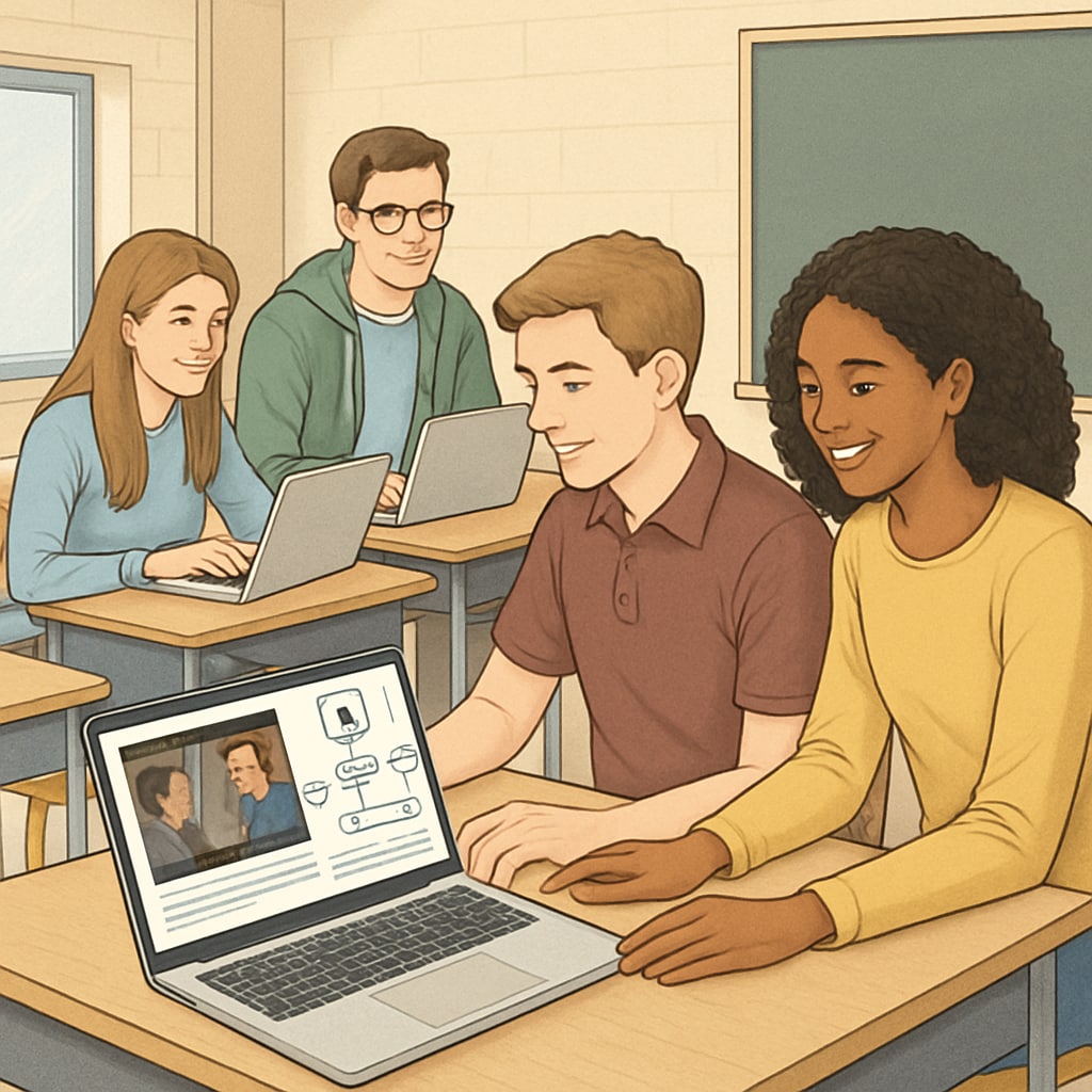 A group of high school students using laptops and AI tools in a media literacy class, analyzing movie clips together. High school students using AI tools for media literacy and film analysis.