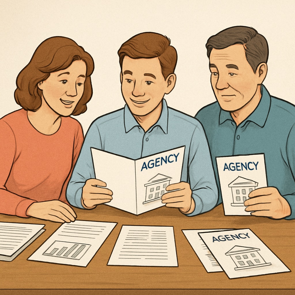 A student reviewing agency brochures and comparing services with their parents. K12 student and parents evaluating study-abroad agency options.