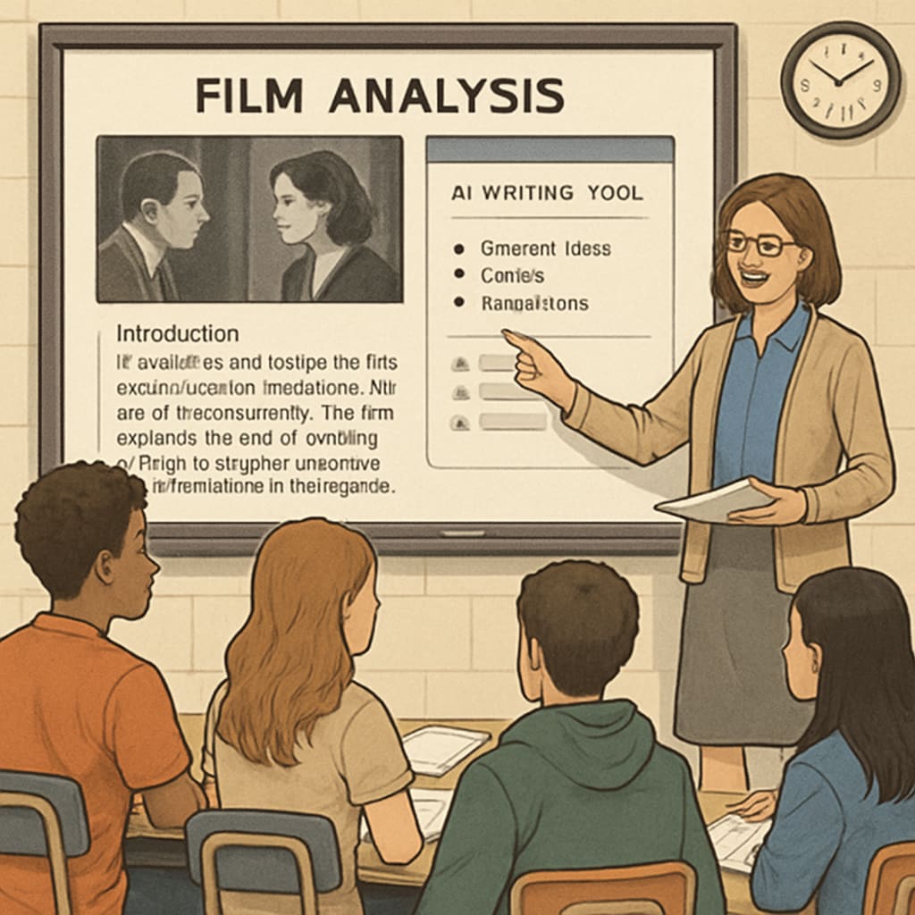 A teacher guiding high school students through film analysis using an AI-powered writing tool on a smartboard. Teacher leading a media literacy class with AI-powered writing prompts.