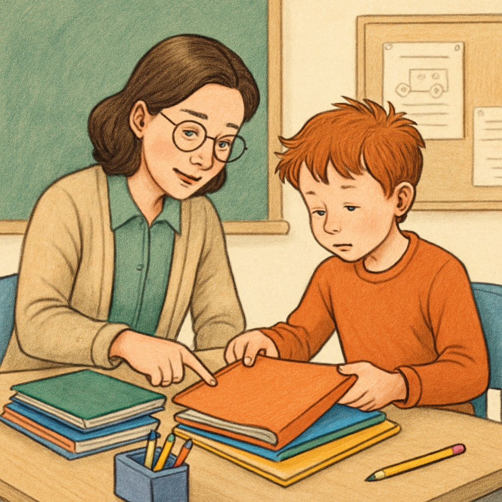 A teacher assisting a child with ADHD in organizing school materials. A teacher helping a child with ADHD organize materials, illustrating executive function strategies.