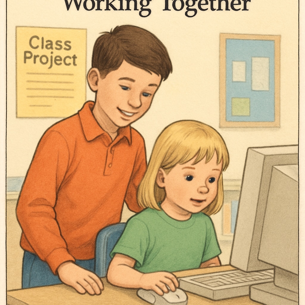 Fourth grader mentoring kindergartener in computer skills during cross-grade activity.