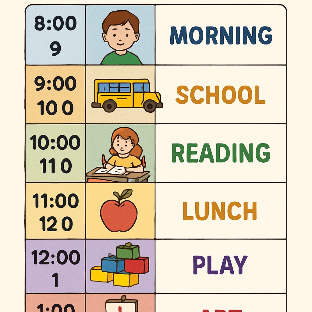 A visually appealing schedule designed for a child with ASD, showcasing colorful time blocks for various activities. A colorful visual schedule for a child with ASD, emphasizing time management strategies.