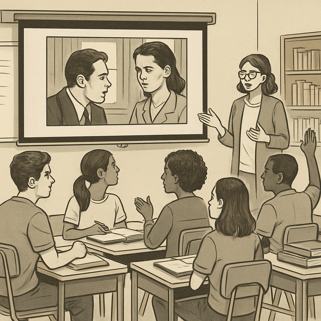 High school students learning media literacy through film analysis with AI tools.