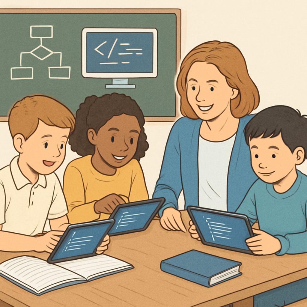 Mixed-age group of students engaging in a coding activity with tablets.