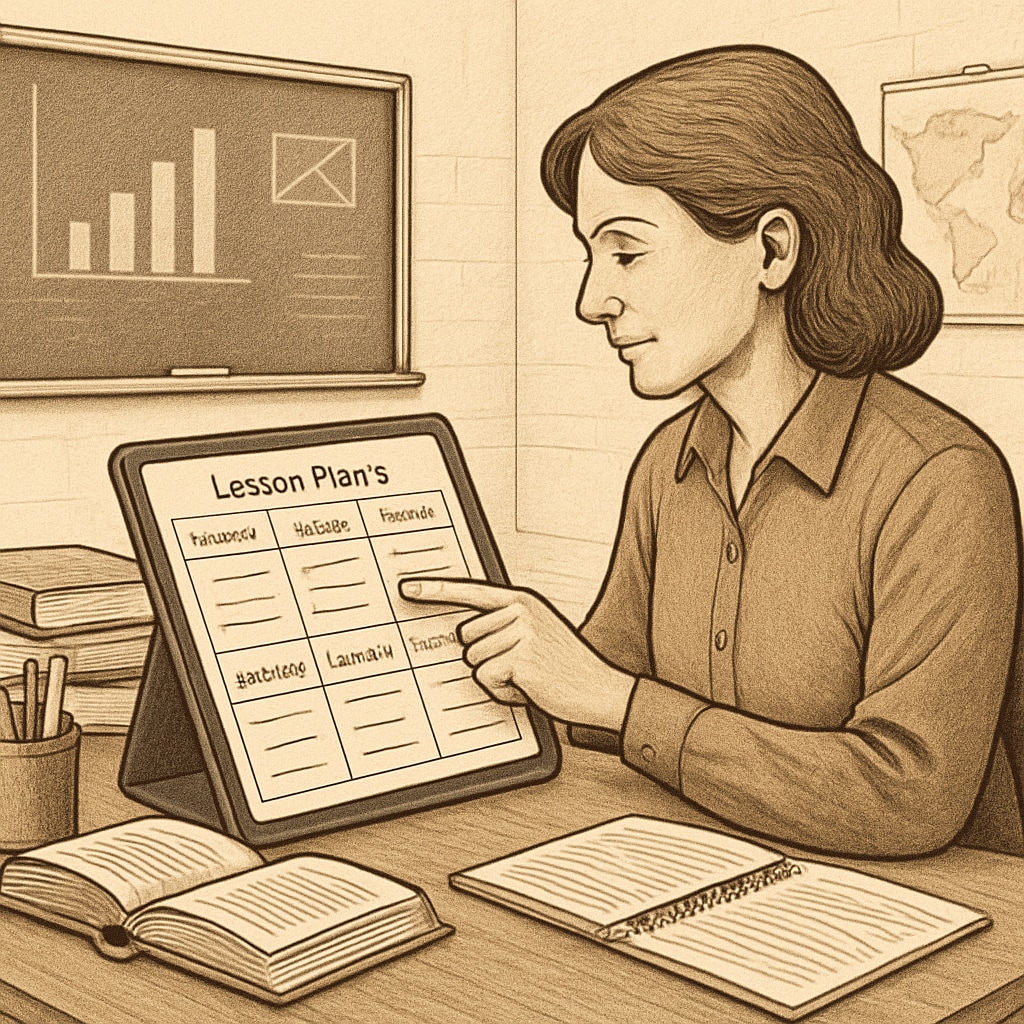 A teacher using a digital tool to manage lesson plans, symbolizing how technology supports education. A teacher using an educational application to simplify lesson planning.