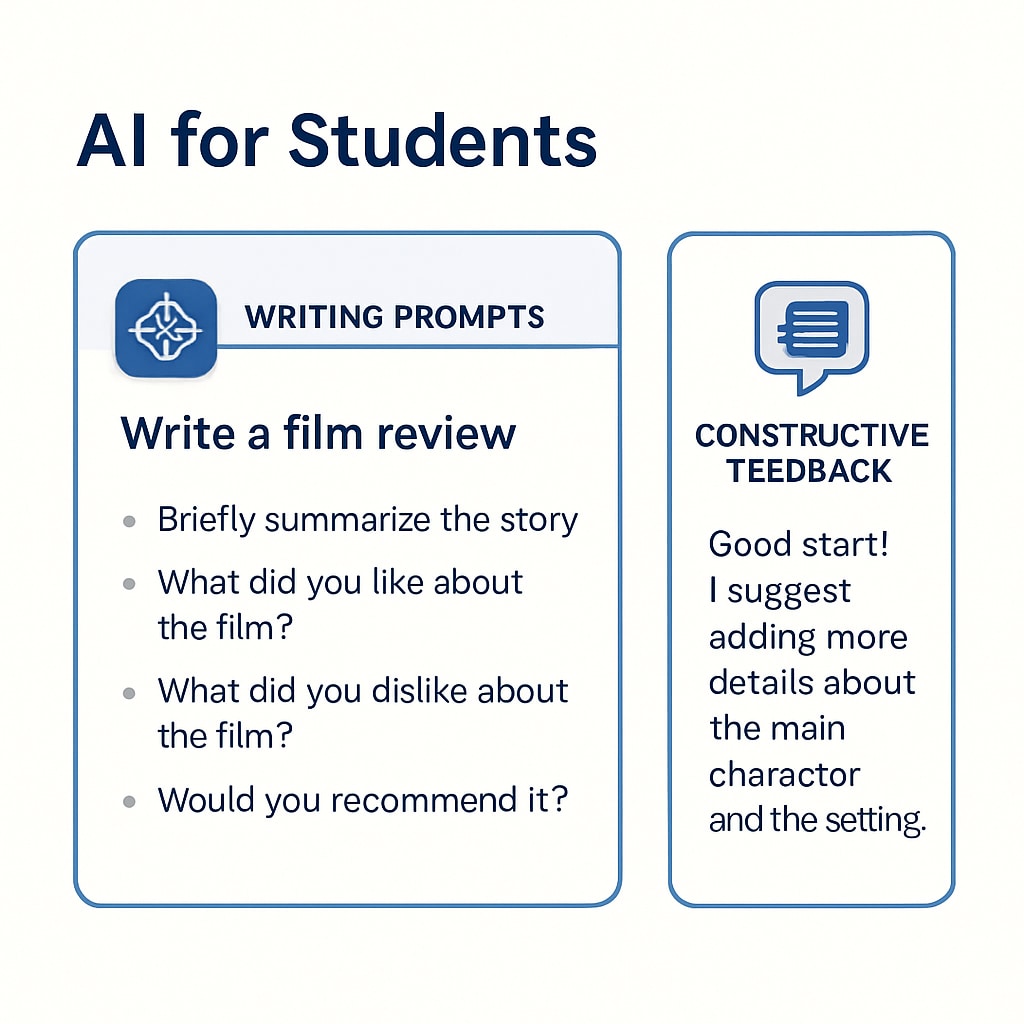 AI interface helping students with film review writing and media literacy education.