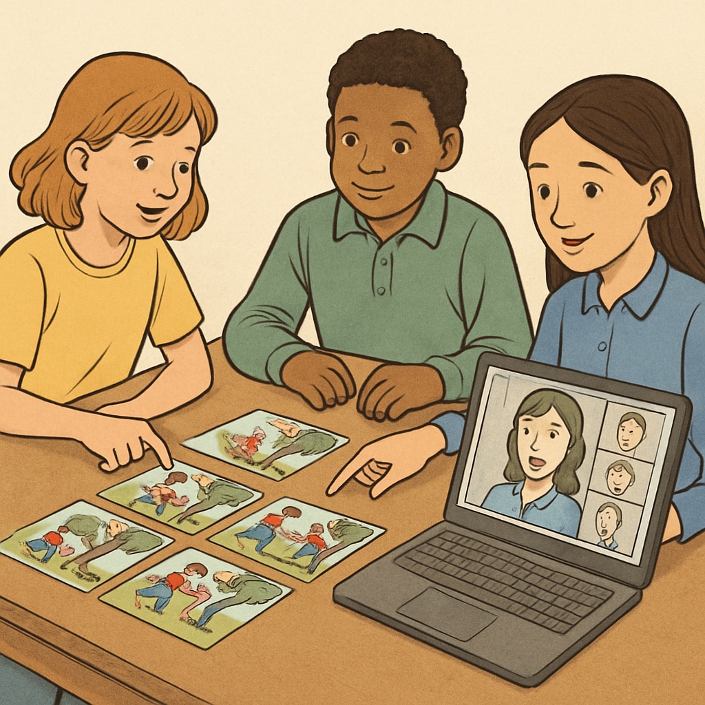 Students collaborating on a Zoom activity, arranging images sequentially to complete the story. Students working together on a Zoom activity to sequence images correctly.
