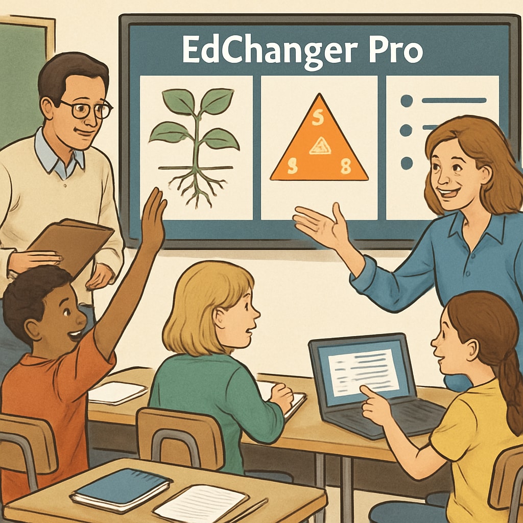 An interactive classroom environment where students and teachers use EdChanger Pro to collaborate on a lesson. Students and a teacher engaged in a lesson using EdChanger Pro for interactive learning.