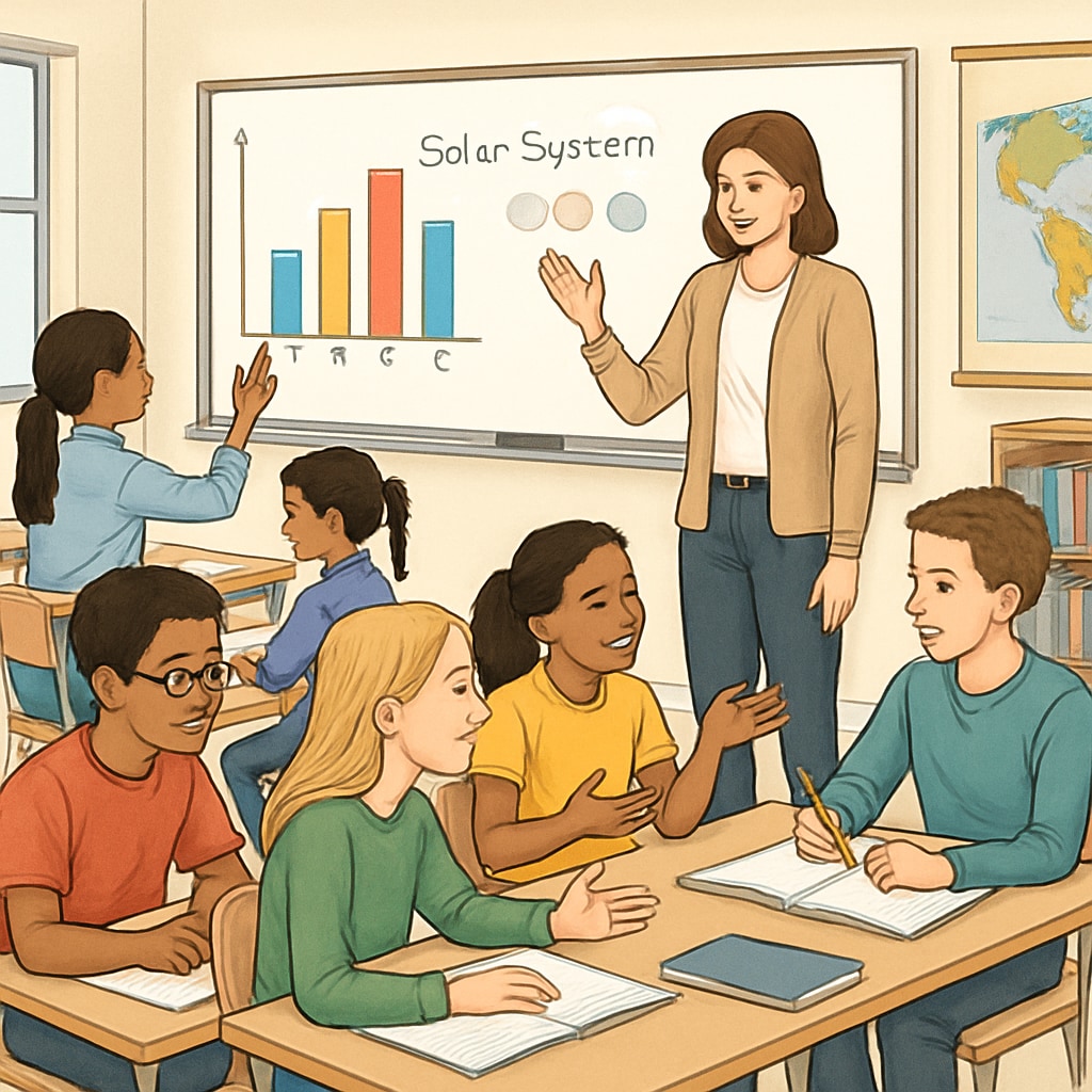A classroom scene where students are actively engaged in a collaborative learning activity. The image demonstrates modern, interactive teaching methods. Students engaged in a collaborative learning activity in a classroom setting.