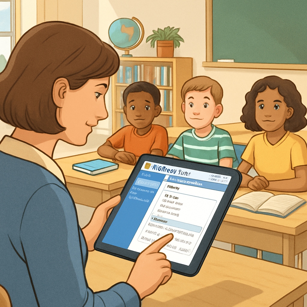 A teacher using the EdChanger Pro platform on a tablet to plan lessons, surrounded by students in a classroom. A teacher utilizing EdChanger Pro education tools for lesson planning in a classroom setting.