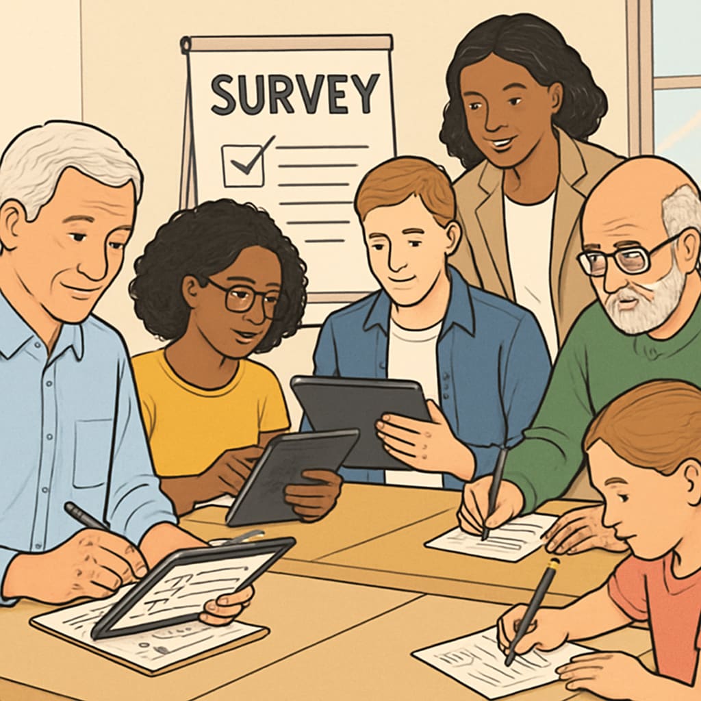 A diverse group of people filling out surveys on tablets and paper. The image highlights inclusivity and the act of data collection. A group of participants completing surveys using tablets and paper.