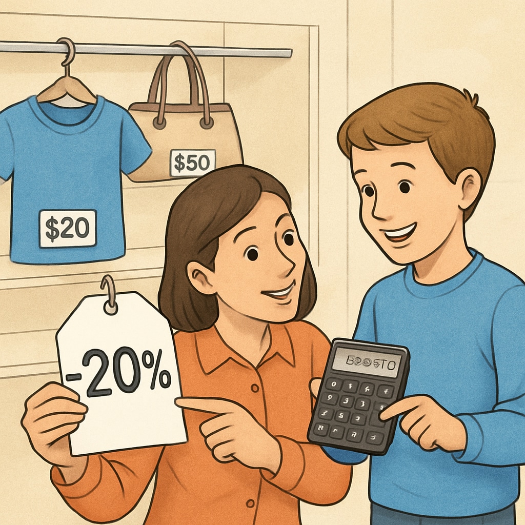 A parent teaching their child how to calculate a shopping discount at a store. The child is engaged and smiling, highlighting the practical application of math in everyday life. Parent teaching child math through shopping discounts, illustrating math education and learning motivation.