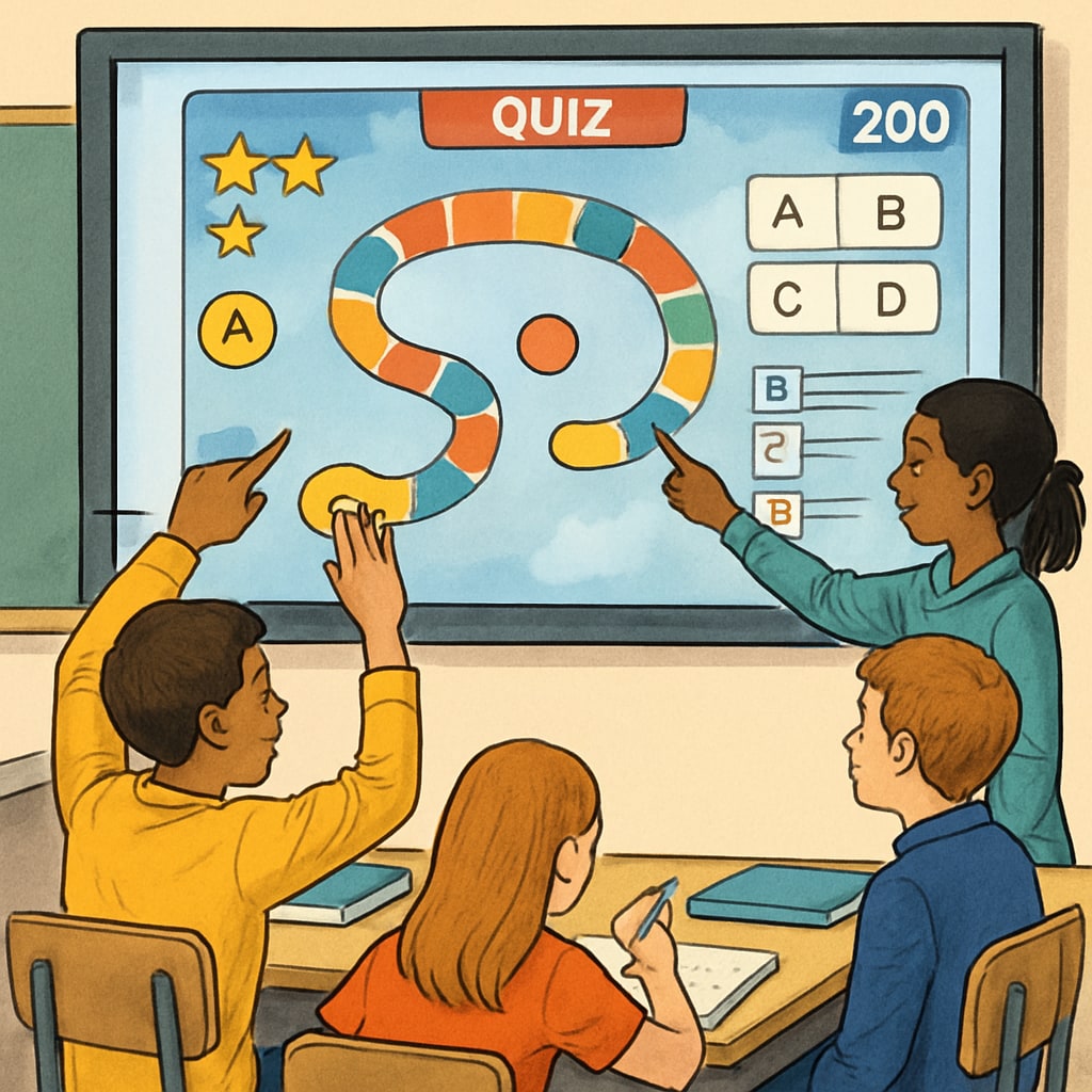 Students actively participating in a gamified learning activity displayed on a screen powered by EdChanger Pro. Students engaging in interactive learning activities powered by EdChanger Pro.