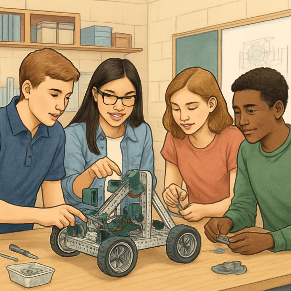 A high school engineering class with students collaborating on a robotics project, showcasing teamwork and problem-solving skills. High school students working on a robotics project in a design engineering class.