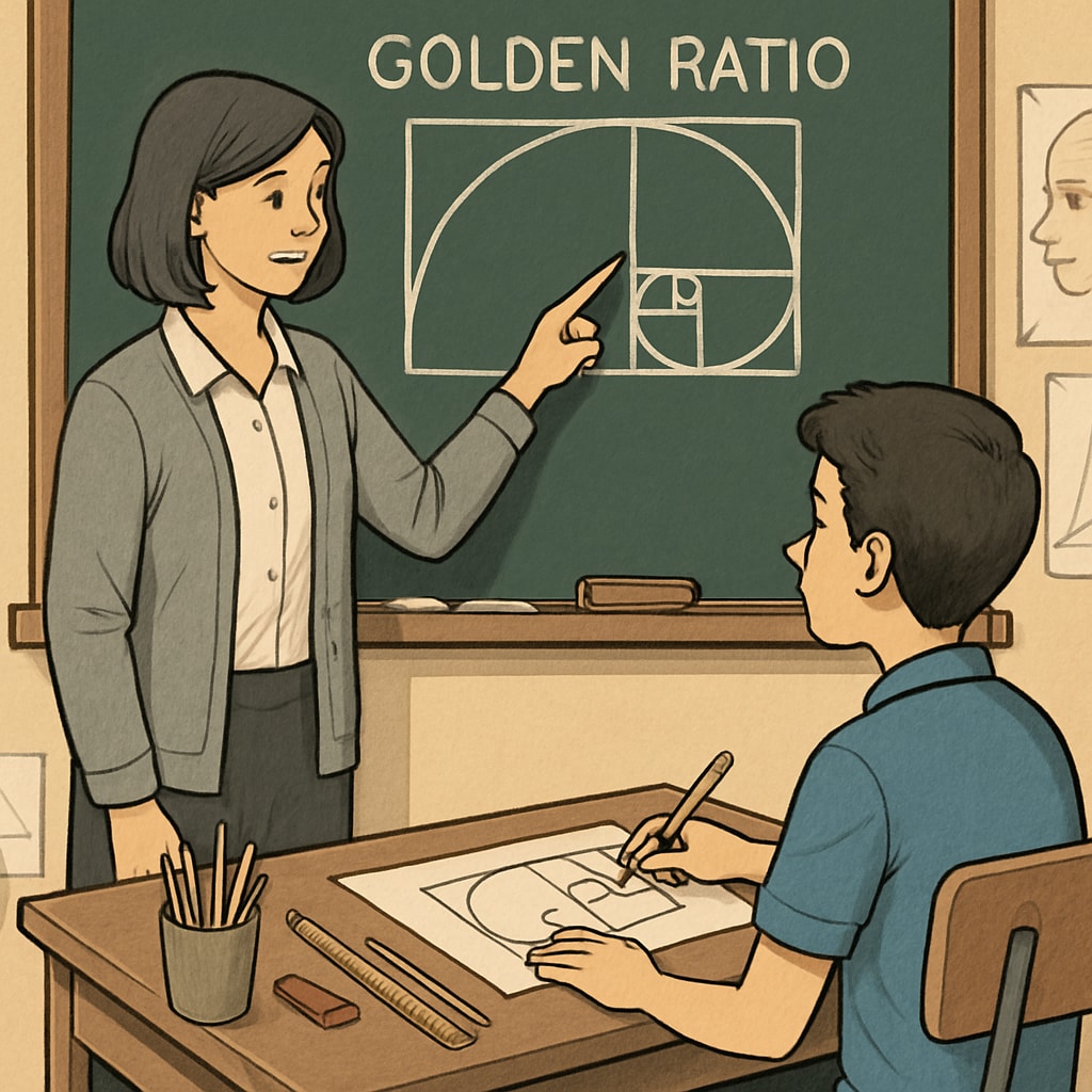 A teacher explaining the golden ratio to a student in an art classroom. The student is drawing and actively applying the concept, showcasing personalized learning in math education. Teacher explaining golden ratio in art, connecting math education to creative interests.