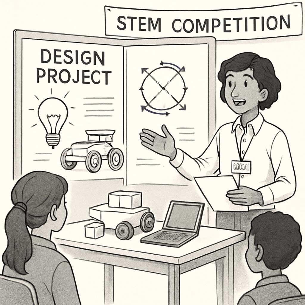 A student presenting their design project at a STEM competition, highlighting innovation and teamwork. Student presenting a STEM competition design project, related to design engineering career pathways.