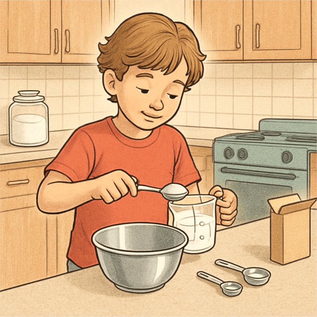A child measuring ingredients while baking, demonstrating the practical applications of math in daily life. A child using math skills in a real-world scenario, such as baking.